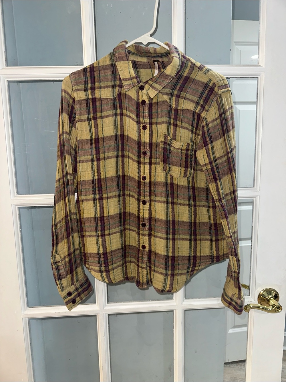 Free People Granola Girl Raw Hem Plaid Button Down Shirt distressed Boho size M